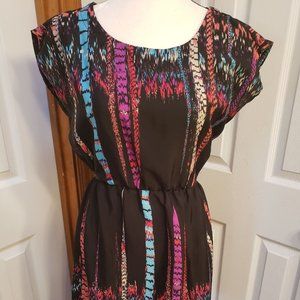 Multicolored  Short Sleeve Black Dress